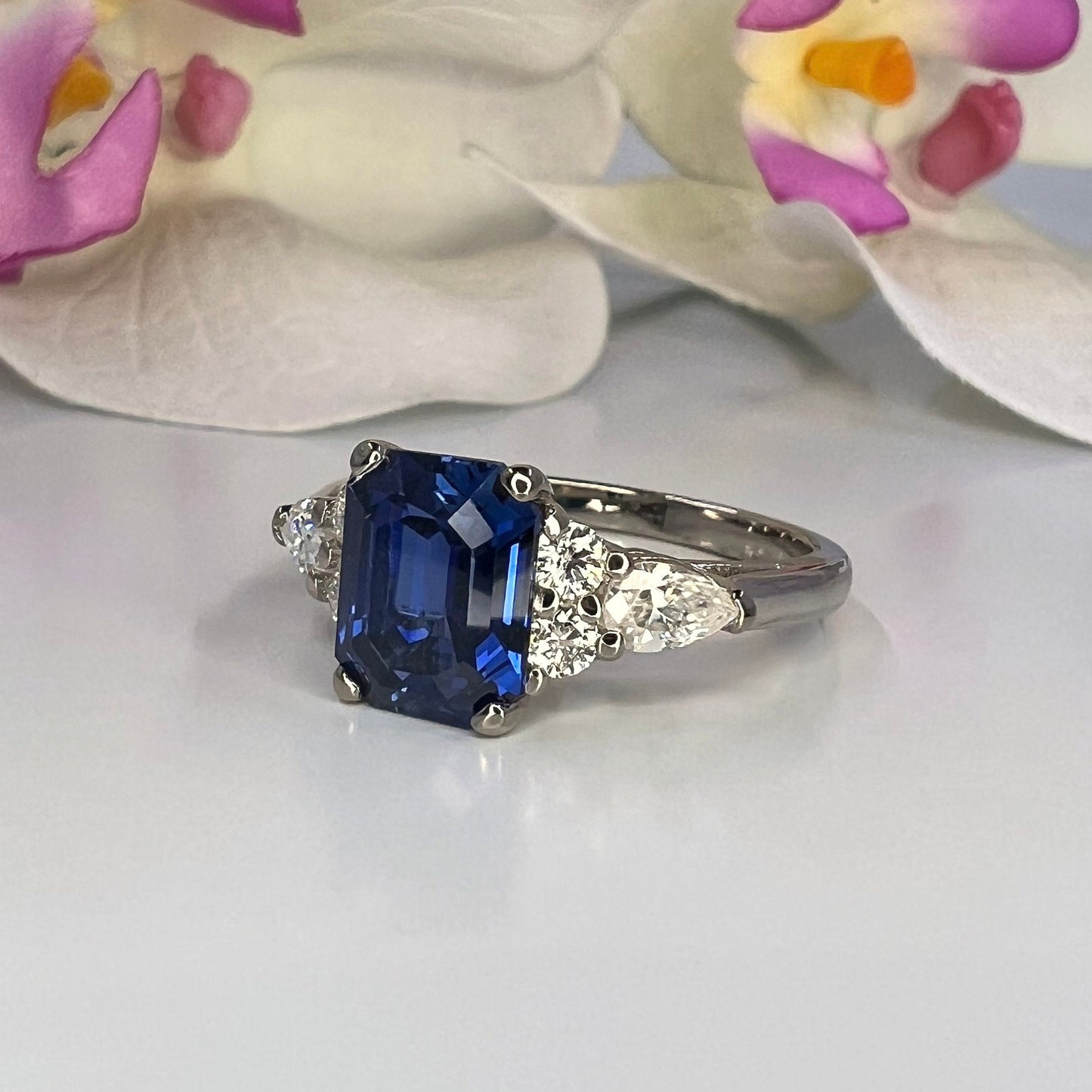 Blue Sapphire Engagement Ring White Gold, Unique Vintage Blue Sapphire Cluster Ring,  Sapphire and Moissanite Cluster Ring For Women