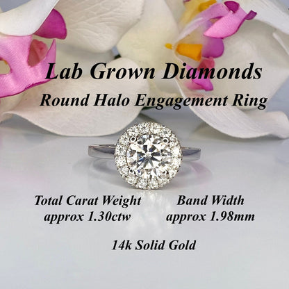 1.30 CTW Round lab grown diamond engagement ring 14k solid gold, round shaped halo lab grown cvd diamond ring Anniversary promise ring