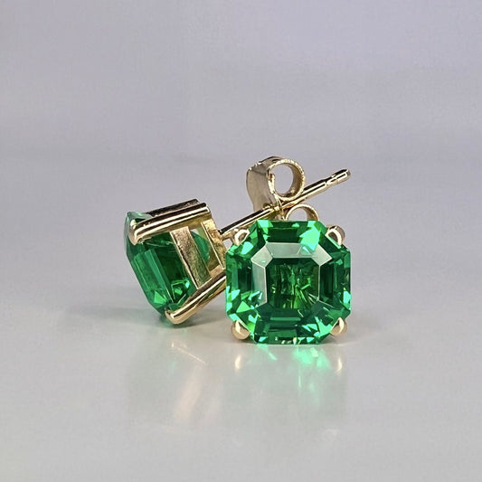 Asscher Cut Emerald Stud Earrings, 3.50ctw 14k Gold Emerald Earrings For Her, Asscher Cut Emerald May Birthstone Unisex Stud Earrings