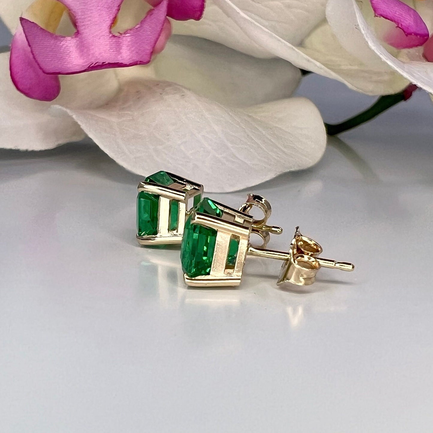 Asscher Cut Emerald Stud Earrings, 3.50ctw 14k Gold Emerald Earrings For Her, Asscher Cut Emerald May Birthstone Unisex Stud Earrings