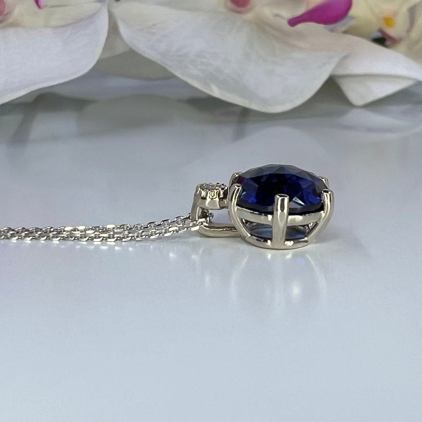 Blue Sapphire Rose Cut Necklace, Sapphire And Diamond Pendant, Vintage Style Pendant, 14K White Gold