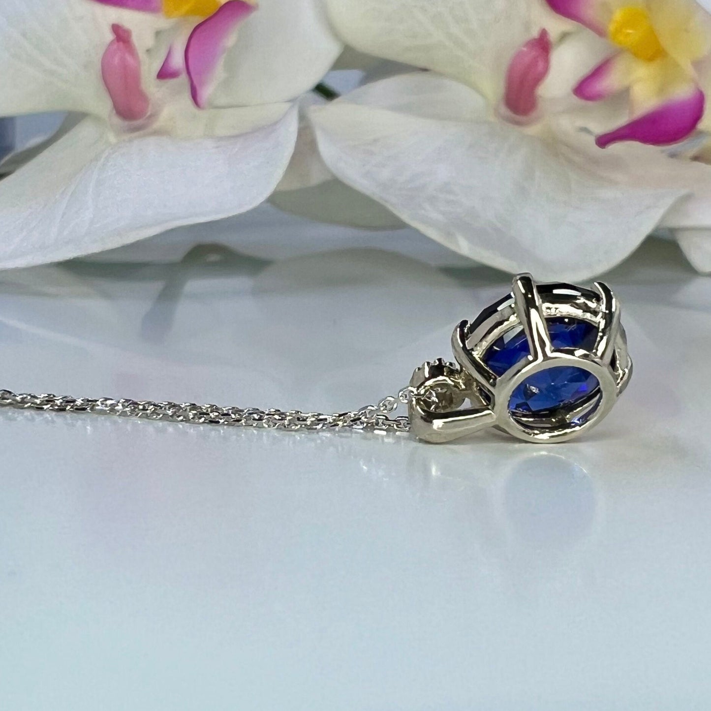 Blue Sapphire Rose Cut Necklace, Sapphire And Diamond Pendant, Vintage Style Pendant, 14K White Gold