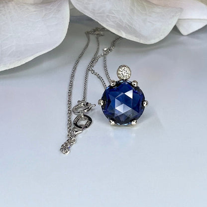 Blue Sapphire Rose Cut Necklace, Sapphire And Diamond Pendant, Vintage Style Pendant, 14K White Gold