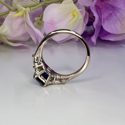 Blue Sapphire Engagement Ring White Gold, Unique Vintage Blue Sapphire Cluster Ring,  Sapphire and Moissanite Cluster Ring For Women