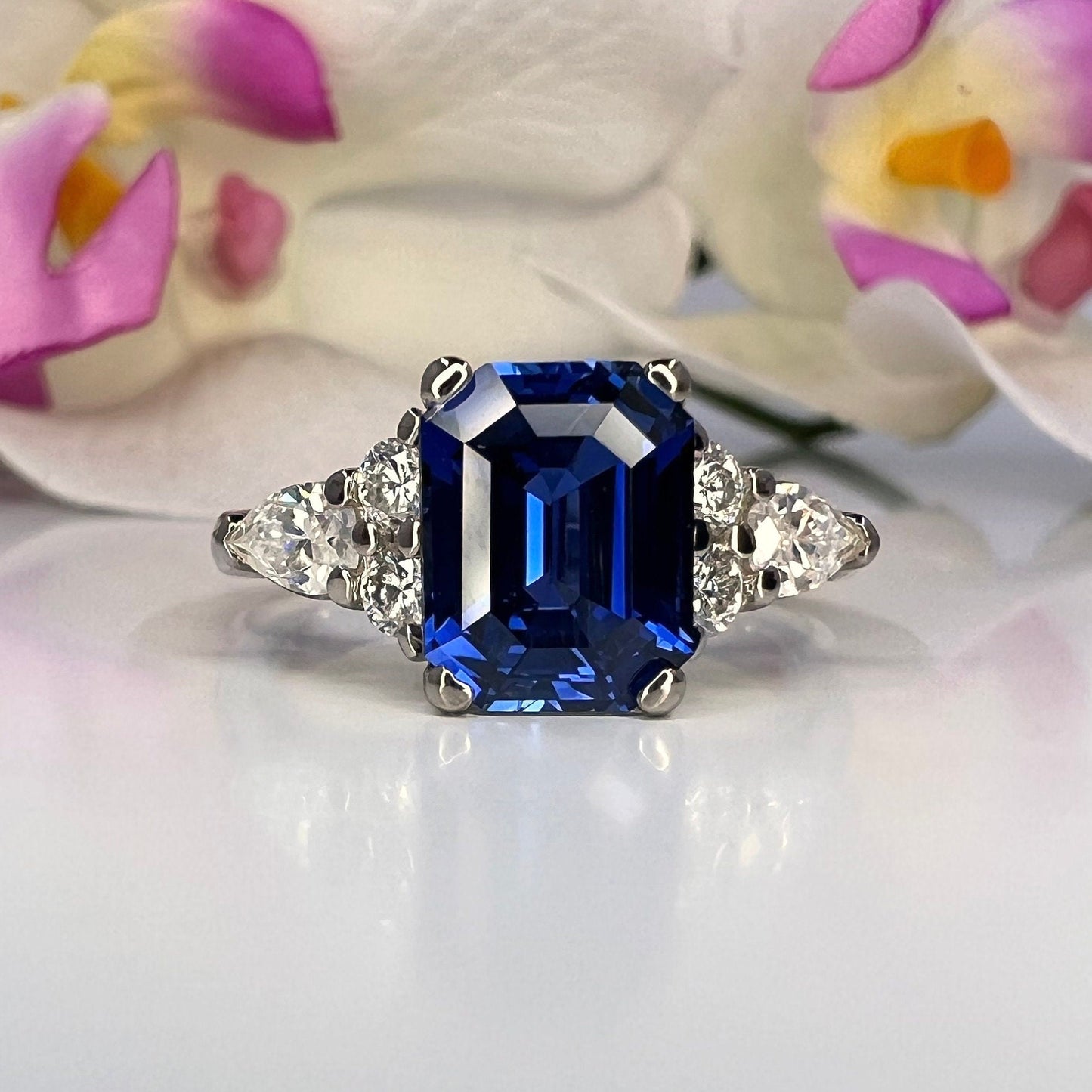 Blue Sapphire Engagement Ring White Gold, Unique Vintage Blue Sapphire Cluster Ring,  Sapphire and Moissanite Cluster Ring For Women