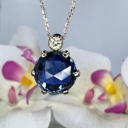 Blue Sapphire Rose Cut Necklace, Sapphire And Diamond Pendant, Vintage Style Pendant, 14K White Gold