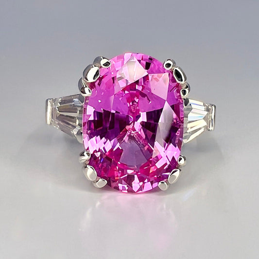 Pink Sapphire Oval Engagement Ring, 14k Yellow Gold Ring, Large Oval Engagement Ring, Three Stone Ring, Sapphire and Moissanite Ring,  #6364