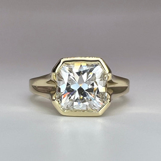 Radiant cut moissanite engagement ring 14k solid gold, bezel set moissanite solitaire wedding ring, Unique half bezel moissanite ring #7934