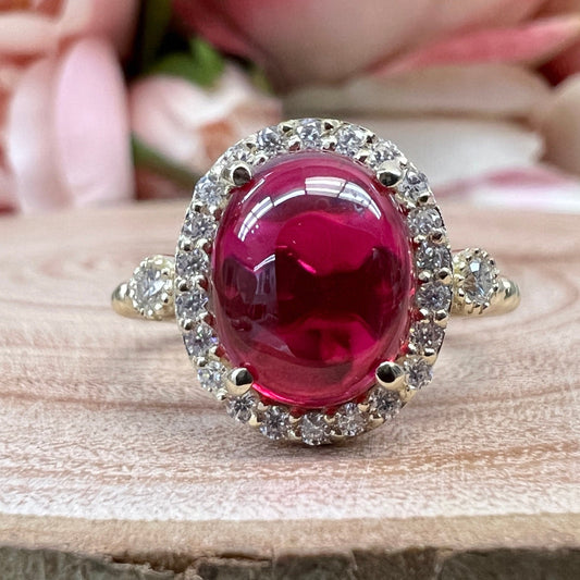 Vintage Oval Cabochon Ruby Engagement Ring 14K Solid Yellow Gold Unique Vintage Ruby Cabochon Wedding Anniversary Promise Bridal Ring  #7399