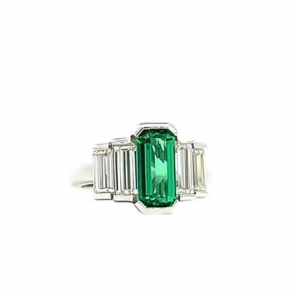 Unique Emerald Cut Emerald and Moissanite 5 Stone Engagement Ring, 14k Gold Bezel Set Five Stone Elongated Emerald Cut Wedding Ring    #8074