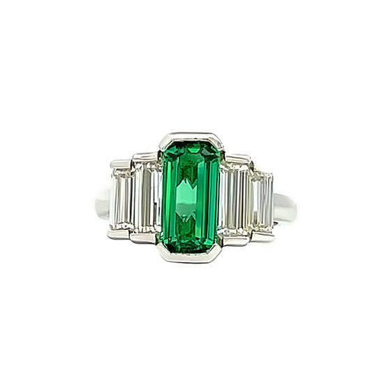 Unique Emerald Cut Emerald and Moissanite 5 Stone Engagement Ring, 14k Gold Bezel Set Five Stone Elongated Emerald Cut Wedding Ring    #8074