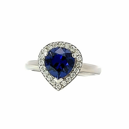 Pear shaped blue sapphire and moissanite engagement ring 14k solid gold, Moissanite halo sapphire wedding ring, September birthstone,  #8012