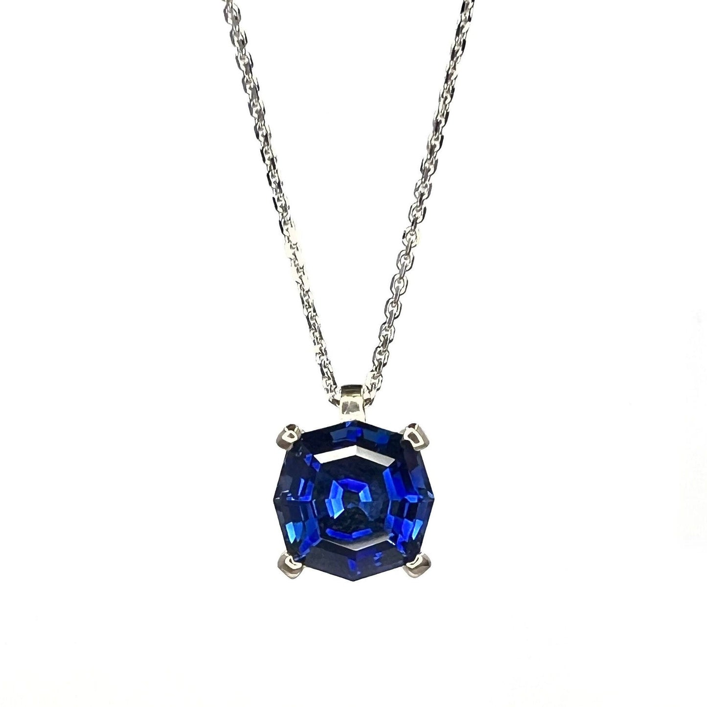 Web Cut Blue Sapphire Pendant Necklace For Her, 14k White Gold Blue Sapphire Octagon Pendant, Sapphire September Birthstone Necklace   #6390