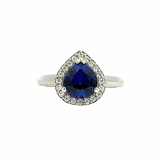 Pear shaped blue sapphire and moissanite engagement ring 14k solid gold, Moissanite halo sapphire wedding ring, September birthstone,  #8012