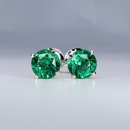 Round Brilliant Emerald Earrings, 1.50ctw Emerald Studs, Unisex Stud Earrings Solid 14k Gold, May Birthstone, Simple Emerald Earrings  #5989