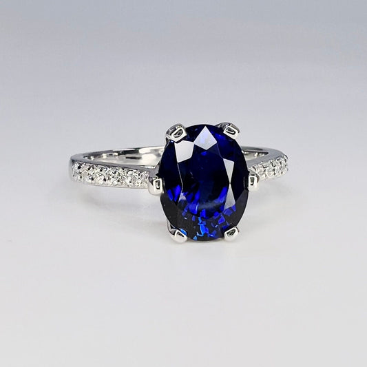 Blue Sapphire Engagement Ring, Oval Sapphire with Natural Diamonds, Moissanite Ring, Blue Sapphire and Moissanite Ring, 14K White Gold #6809