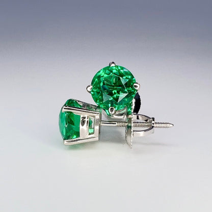 Round Brilliant Emerald Earrings, 1.50ctw Emerald Studs, Unisex Stud Earrings Solid 14k Gold, May Birthstone, Simple Emerald Earrings  #5989