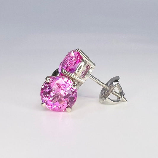 Round Pink Sapphire Stud Earring 14K Yellow Gold Ladies Pink Sapphire Stud Earrings 2 Carat Sapphire Earrings Pink Earrings Yellow Gold 7313