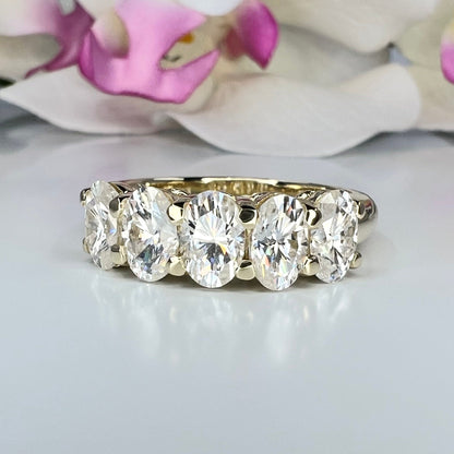 Lab grown diamond wedding band, Lab created diamond half eternity band 14k solid gold, 5 stone oval cut diamond ring, cvd diamond ring