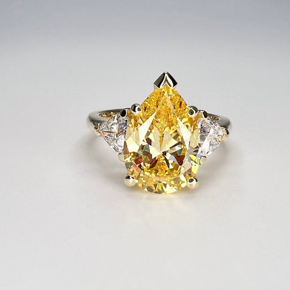 4 CT Canary Yellow Pear Engagement Ring , Three Stone 14k white Gold Wedding Ring , Pear Shape With Trillions Ladies Ring