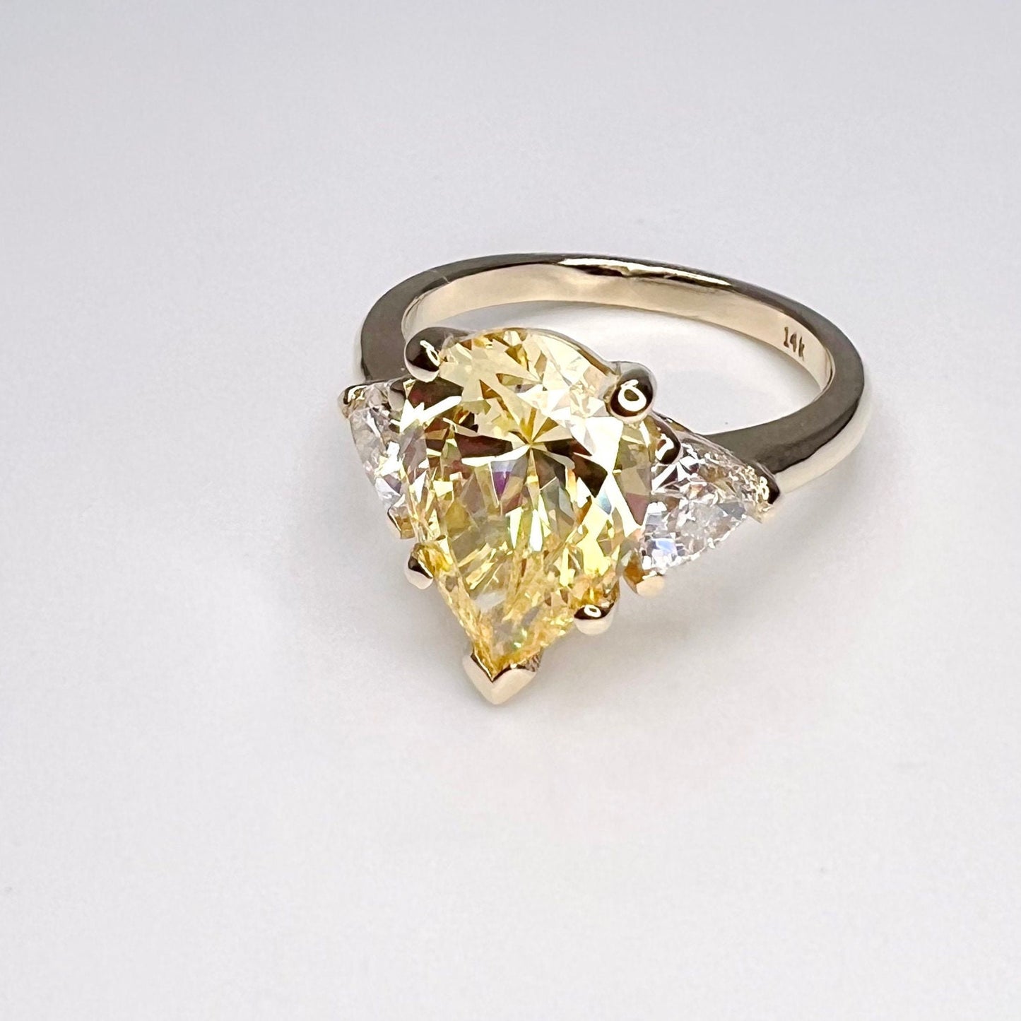 4 CT Canary Yellow Pear Engagement Ring , Three Stone 14k white Gold Wedding Ring , Pear Shape With Trillions Ladies Ring