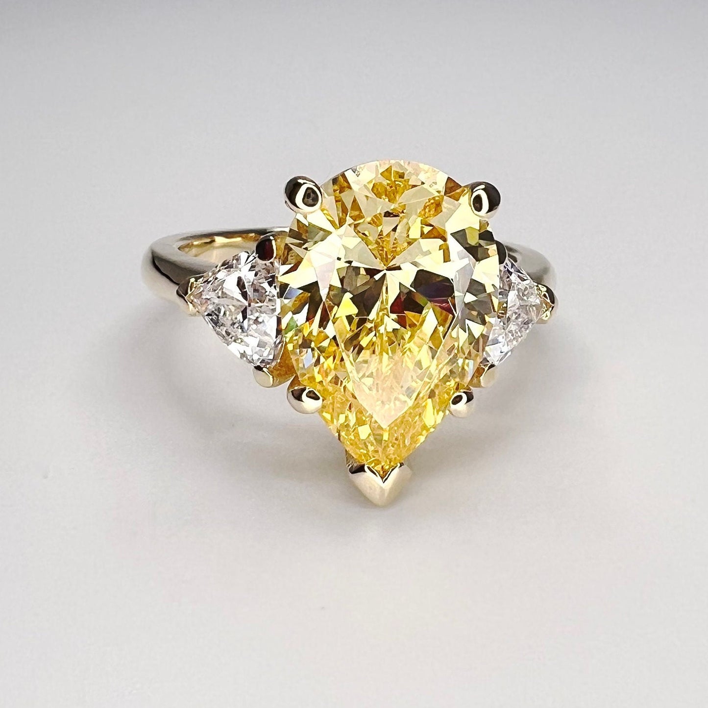 4 CT Canary Yellow Pear Engagement Ring , Three Stone 14k white Gold Wedding Ring , Pear Shape With Trillions Ladies Ring