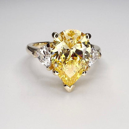 4 CT Canary Yellow Pear Engagement Ring , Three Stone 14k white Gold Wedding Ring , Pear Shape With Trillions Ladies Ring