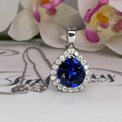 Blue Sapphire Necklace, Pear Shaped Blue Sapphire and Moissanite Halo Pendant Necklace, Dainty Layering September Birthstone Necklace