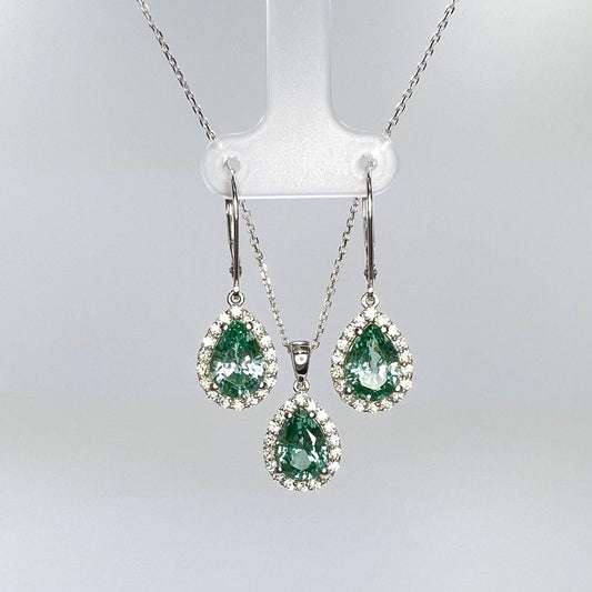 Pear shape teal green paraiba and moissanite or diamond pendant and earrings for women, Unique pear shaped necklace and earring set,  #8273