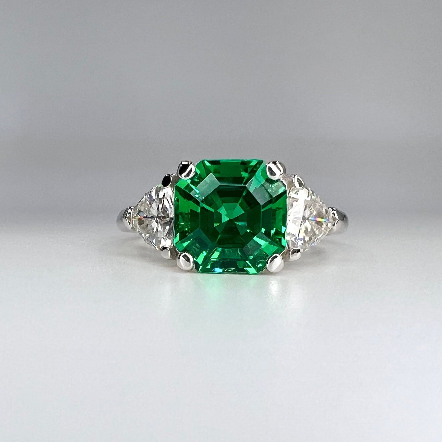 Asscher Cut Emerald And Trillion Moissanite Accents Engagement Ring, 14K White Gold Emerald And Moissanite Three Stone Wedding Ring