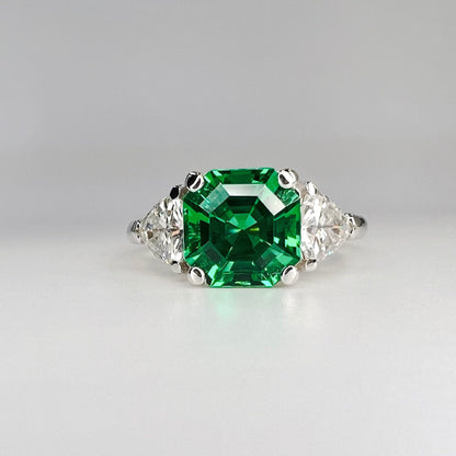 Asscher Cut Emerald And Trillion Moissanite Accents Engagement Ring, 14K White Gold Emerald And Moissanite Three Stone Wedding Ring