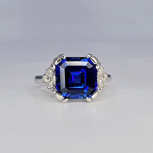 Asscher Cut Blue Sapphire Engagement Ring , 14K Solid Gold Unique Vintage Asscher Cut Sapphire Ring Ladies Blue Sapphire Wedding Ring