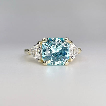 Asscher Cut Aquamarine CZ  10K/14K Gold Engagement Ring, March Birthstone Jewelry, Three Stone Wedding Ring For Ladies, Dainty Rings