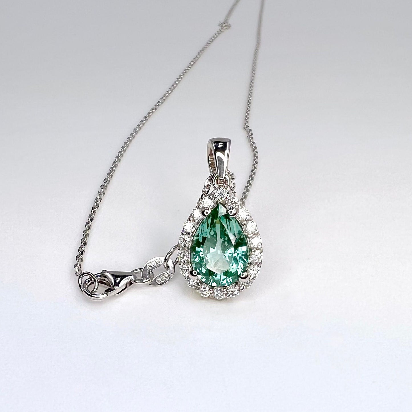 Pear shape teal green paraiba and moissanite or diamond pendant and earrings for women, Unique pear shaped necklace and earring set,  #8273