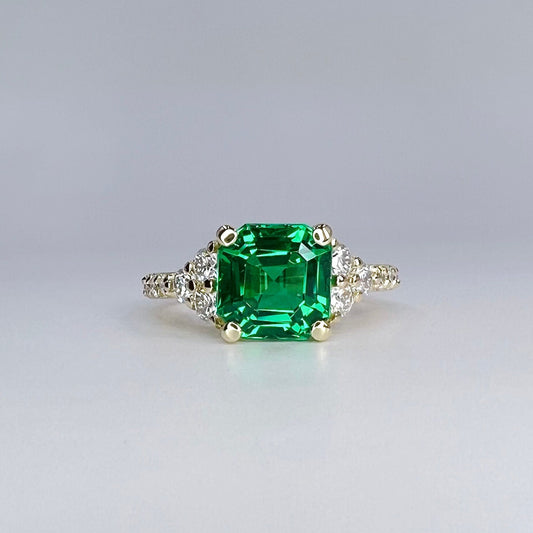 Asscher Cut Engagement Ring / Green Emerald Wedding Ring / Emerald and Moissanite Ring / Proposal Ring / 14k Yellow Gold