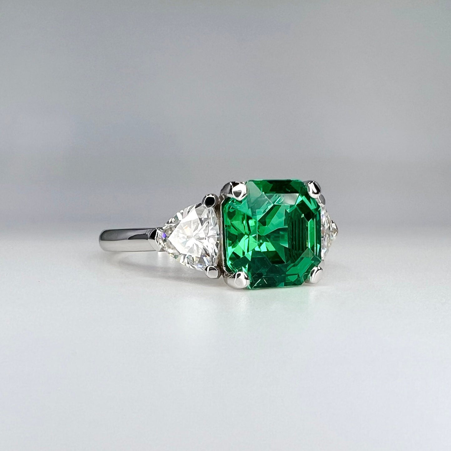 Asscher Cut Emerald And Trillion Moissanite Accents Engagement Ring, 14K White Gold Emerald And Moissanite Three Stone Wedding Ring