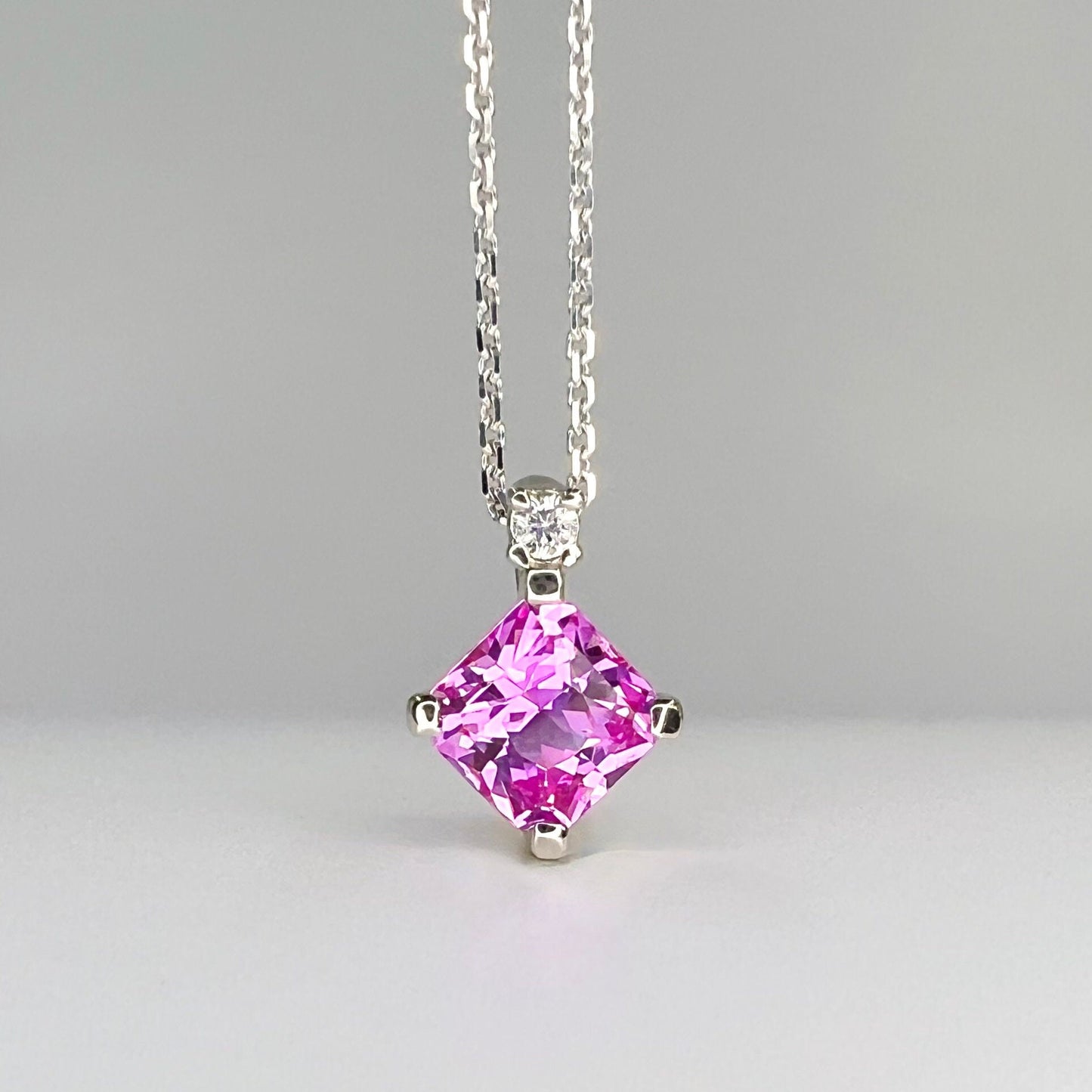 Pink Sapphire and Diamond Pendant Necklace 14K Yellow Gold, Radiant Cut Pink Sapphire Necklace, Dainty Necklace, October Birthstone,  #6476