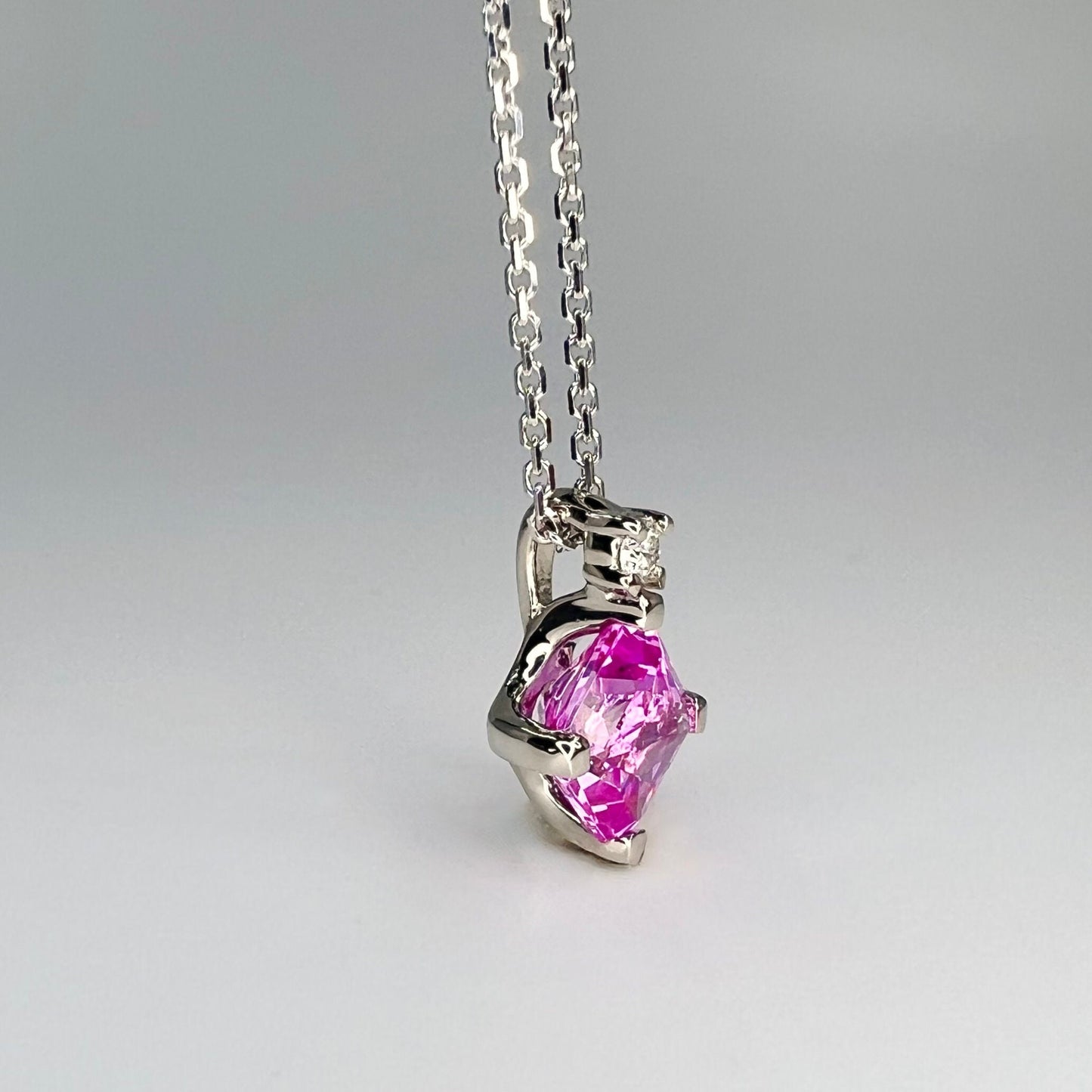 Pink Sapphire and Diamond Pendant Necklace 14K Yellow Gold, Radiant Cut Pink Sapphire Necklace, Dainty Necklace, October Birthstone,  #6476