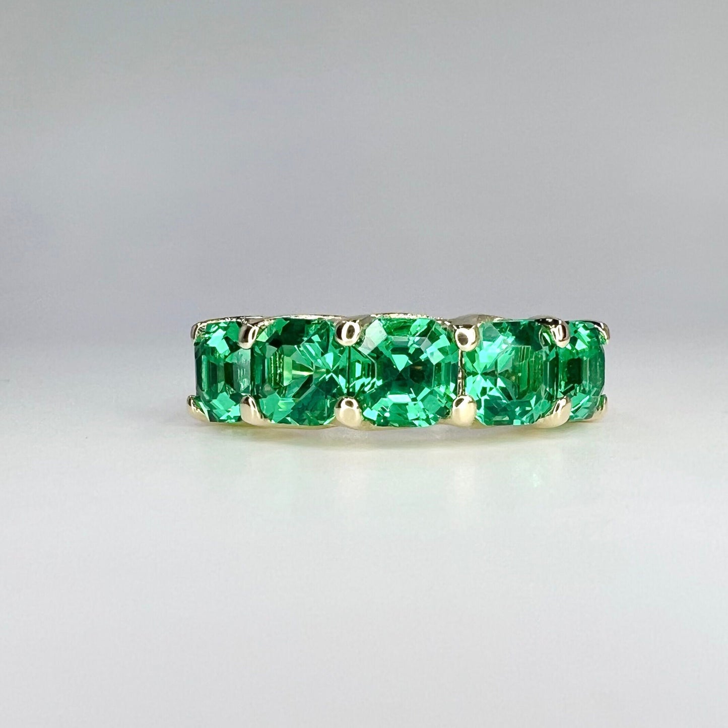 Asscher cut green emerald five stone ladies band, 4.00ctw, 14k yellow gold