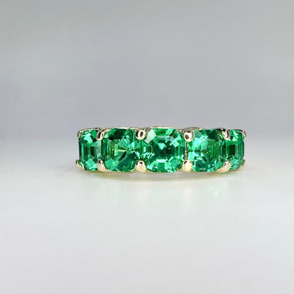 Asscher cut green emerald five stone ladies band, 4.00ctw, 14k yellow gold