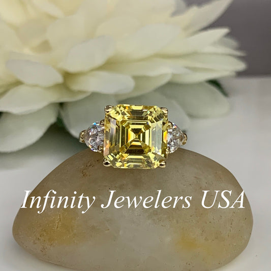 Yellow Asscher Cut Engagement Ring Pear Shape Accents Solid Gold , Three Stone Yellow Stone Wedding Ring , Canary Yellow Anniversary  #5187