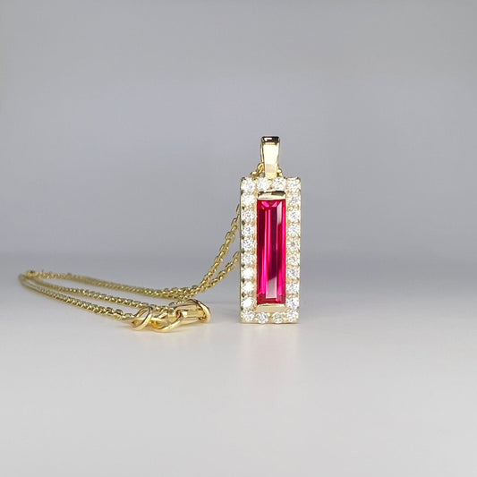 Baguette Shaped Ruby Pendant Necklace 14K Solid Gold , Unique Long Ruby Necklace , July Birthstone Jewelry , Dainty Layering Necklace